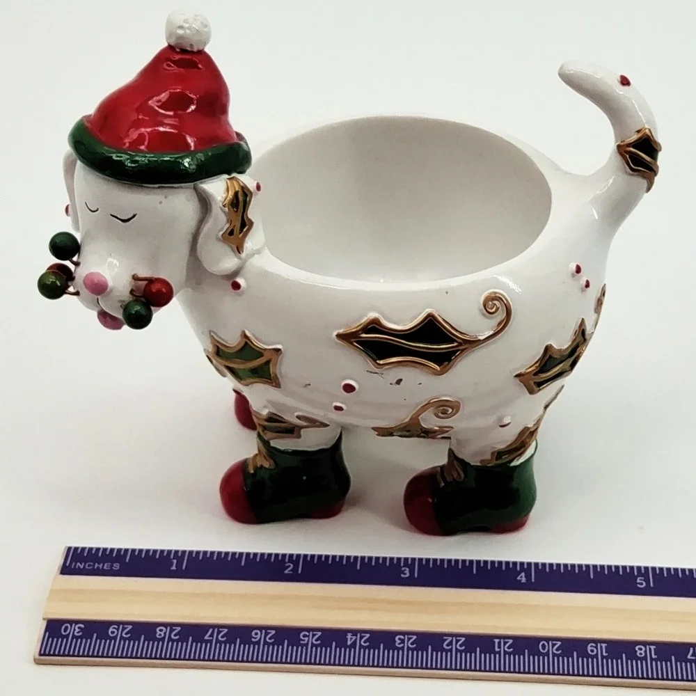 Vintage Ganz Whimsical Christmas Dog Candle Holder Ceramic Holly Berries